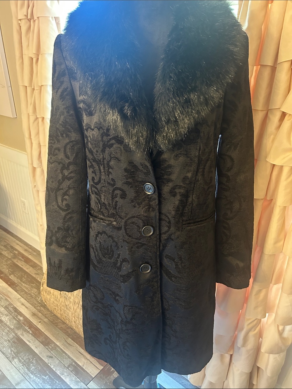 George Black Jacquard Trench Coat with Faux-Fur Collar